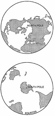 61. The maps below show the Earth as viewed from above the North Pole and from above the South Pole. 62.