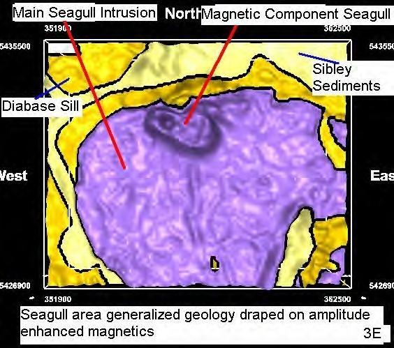 Geology draped over Magnetics TMI CSIRO Magnetic model for Seagull. Overhead view of geology draped on amplitude enhanced total field magnetics.