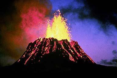 lava. Describe three forms of volcanoes.