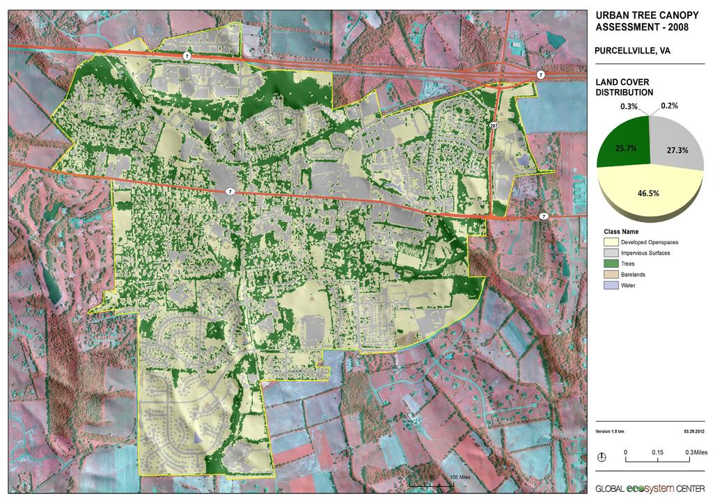 Purcellville, Virginia - Urban Tree Canopy Assessment and processed. This involved clipping the image to fit the city boundary and re-sampling the image into a 3 meter pixel resolution.
