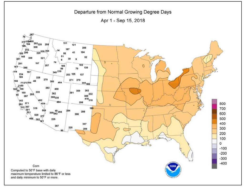 Departure from Normal Growing Degree Days April 1-September 15, 2018 Computed for corn using a