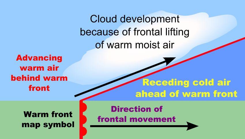 Warm Front Because the warm air is less dense, it rises up and over the cold air mass. As the warm air rises in the troposphere, the temperature of the rising air decreases.