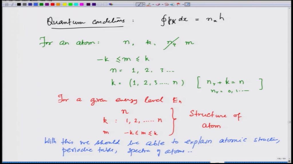 (Refer Slide Time: 04:04) Let me also remind you what were these quantum conditions, or as many variables are there are in the problem, these were that integral over a periodic motion p x, where x is