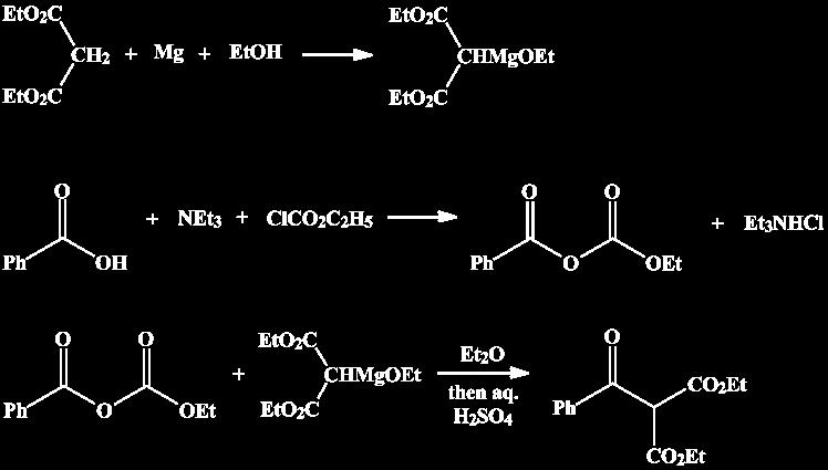 DOI:10.15227/orgsyn.037.0020 Organic Syntheses, Coll. Vol. 4, p.285 (1963); Vol. 37, p.20 (1957). DIETHYL BENZOYLMALONATE [Malonic acid, benzoyl-, diethyl ester] Submitted by John A. Price and D. S. Tarbell 1.
