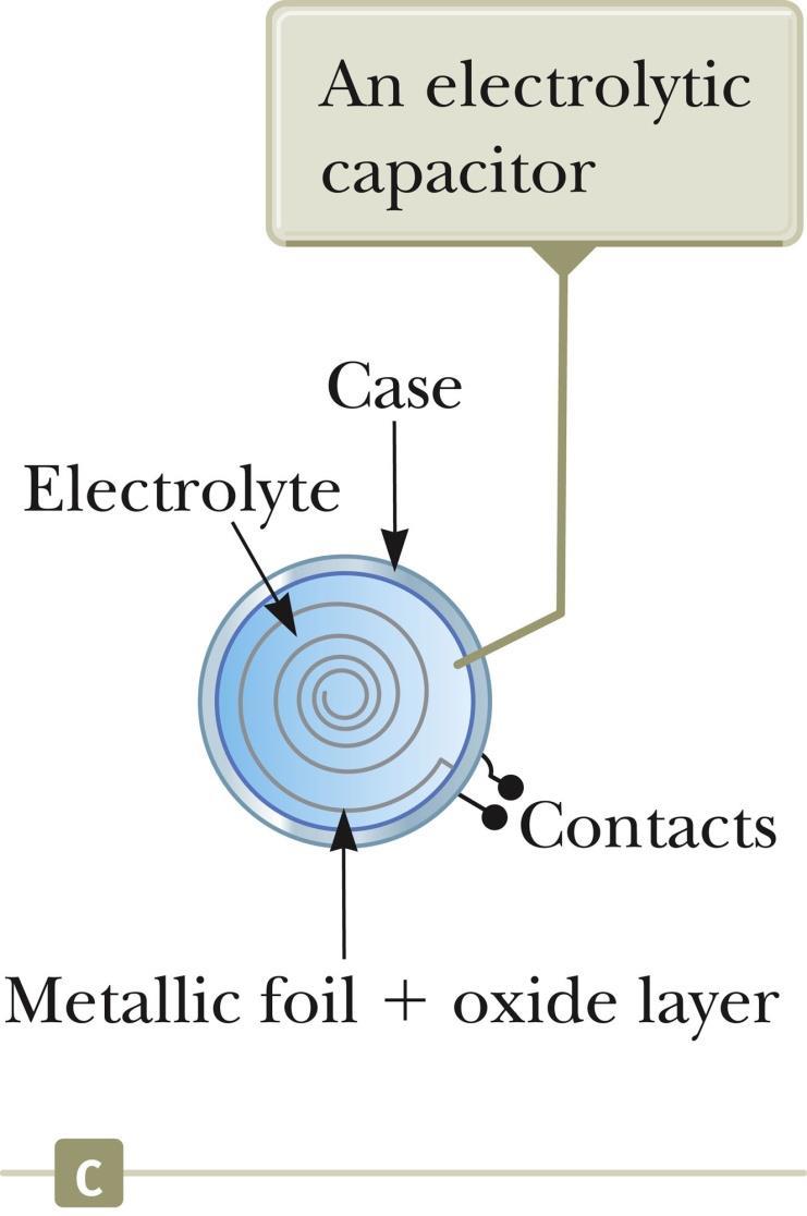 Types of Capacitors Electrolytic Used to store large amounts of charge at relatively low voltages The electrolyte is a solution that conducts electricity by virtue of motion of ions contained in the