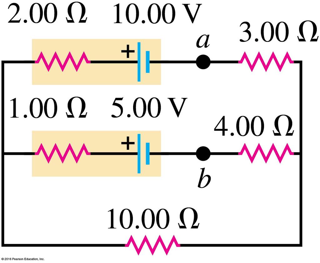 26.29: The 10.00-V battery in Fig. E26.28 is removed from the circuit and reinserted with the opposite polarity, so that its positive terminal is now next to point a.