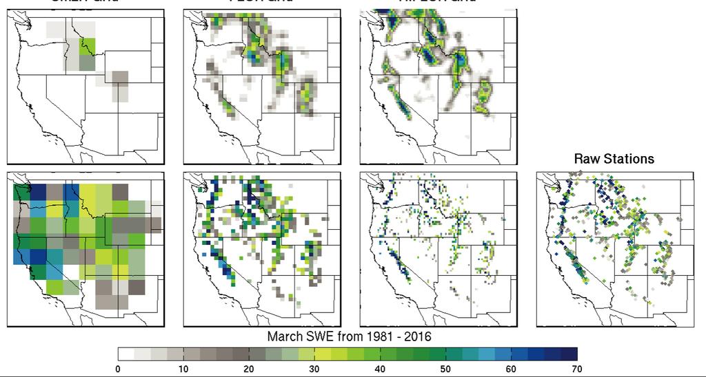 Observed Simulated Climatology of western U.S. Snowpack in March 1981-2016, simulated snowpack vs.