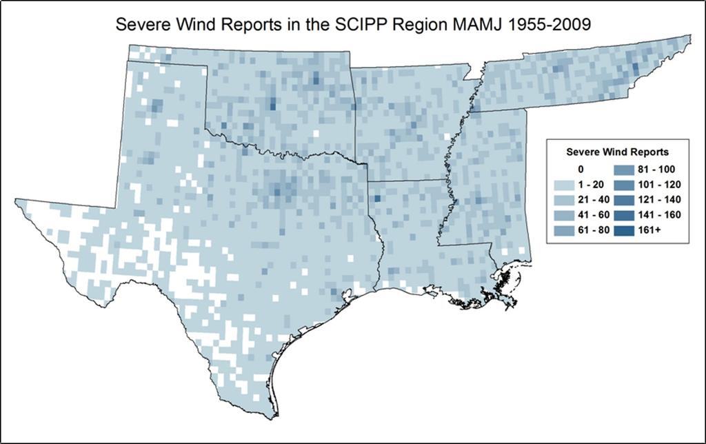 distributed throughout the SCIPP region than tornadoes or hail reports (Figure 5). The peak in total reports occurs around June 1 in both regions.