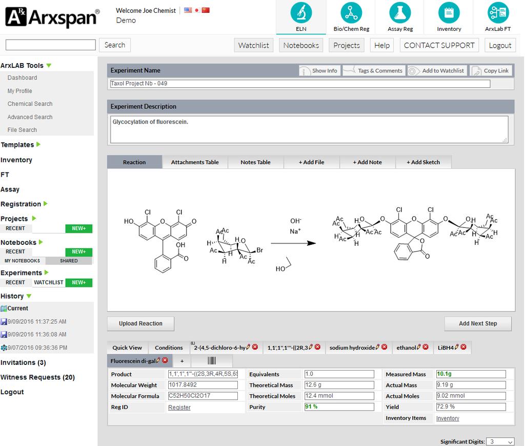 ArxLab Notebook - Electronic Laboratory Notebook Web-based ELN for chemistry Manage and store chemical