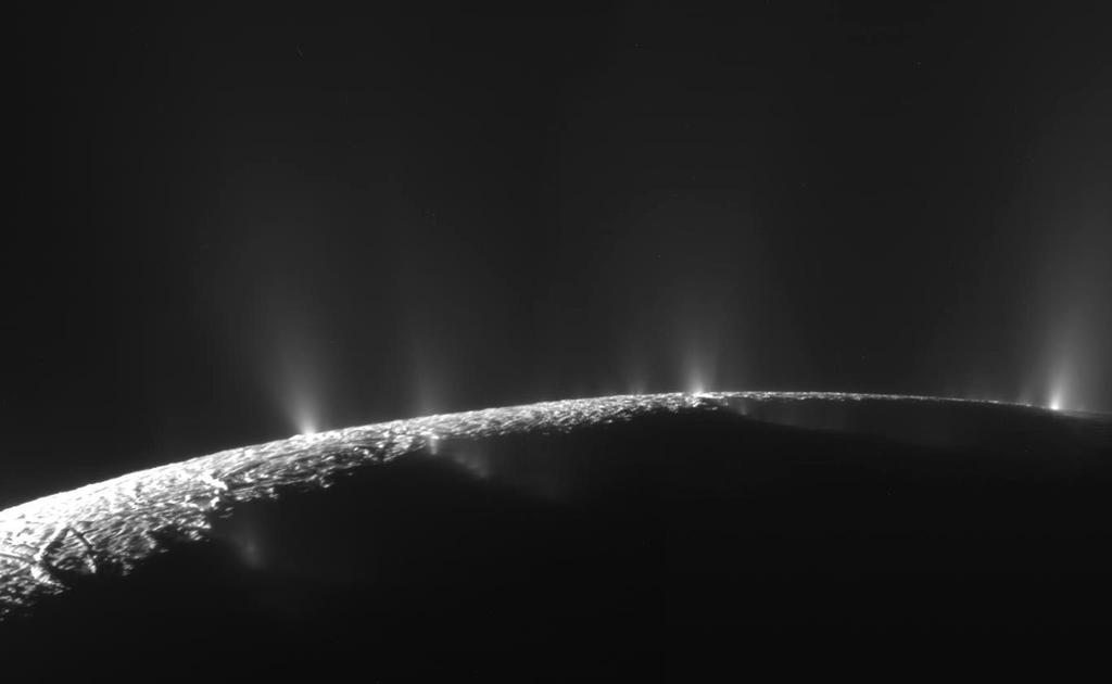 Enceladus: summary NASA s Cassini spacecraft has observed plumes of material escaping from Saturn s small icy moon, Enceladus The plume is mostly water vapor, with tiny ice particles and other