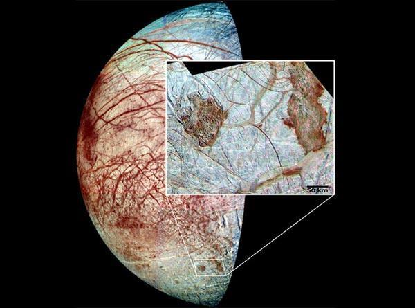 Europa: cracks on an icy crust Young, thin, cracked and ruptured ice shell probably moving slowly over a liquid ocean.