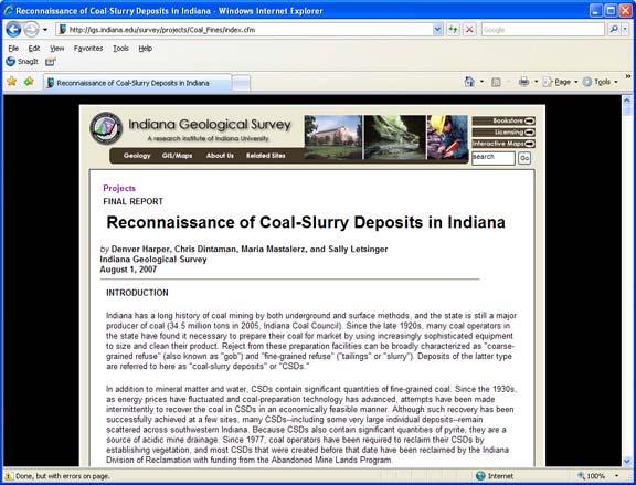 Reconnaissance of Coal-Slurry Deposits in Indiana Denver Harper Chris Dintaman Maria Mastalerz Sally Letsinger August 1, 2006 - April