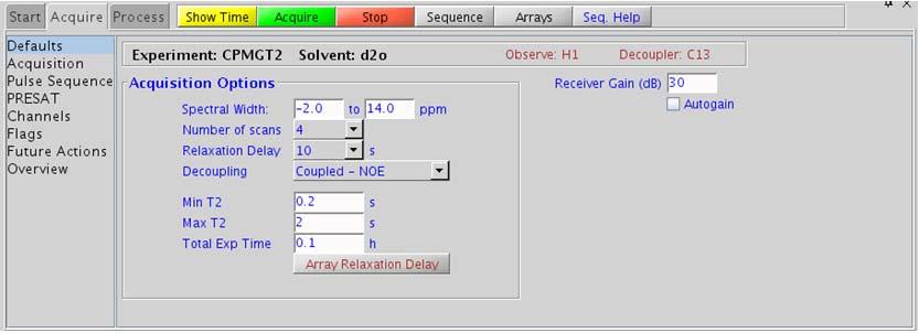 Standard 1D Std 1D 2 Key parameters Key parameters Parameter Solvent (solvent) Spectral Width (sw) Number of scans (nt) Relaxation Delay (d1) Decoupling (dm) Min/Max T2; Total Exp Time Description