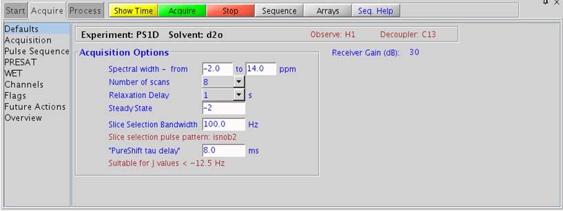 Standard 1D Std 1D 2 Key parameters Key parameters Parameter Solvent(solvent) Spectral Width(sw) Number of scans(nt) Relaxation Delay(d1) Slice Selection Bandwidth PureShift tau delay Description Set