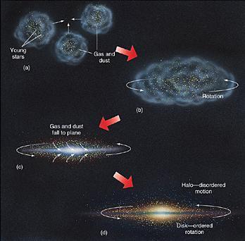 The general view of galactic formation: Individual huge dust clouds merged and began rotating. Gravity pulled more stuff into the center and created the central bulge.