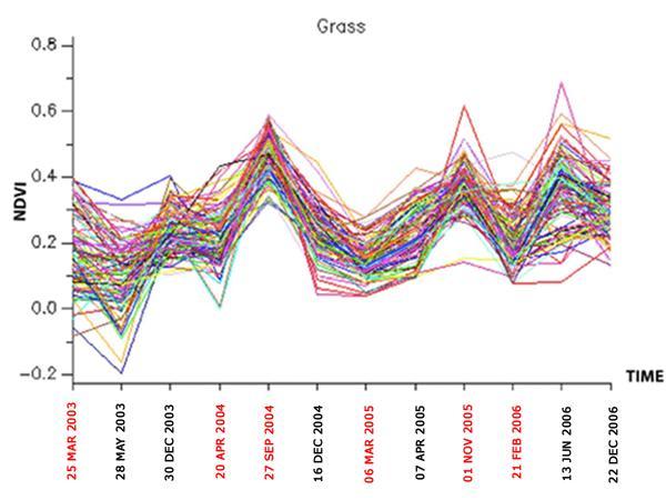 Figure 4 Fourthly, the NDVI time series of grass lands is plotted in Figure 5. The NDVI response of the grass lands is similar to the NDVI pattern of the sugar canes.