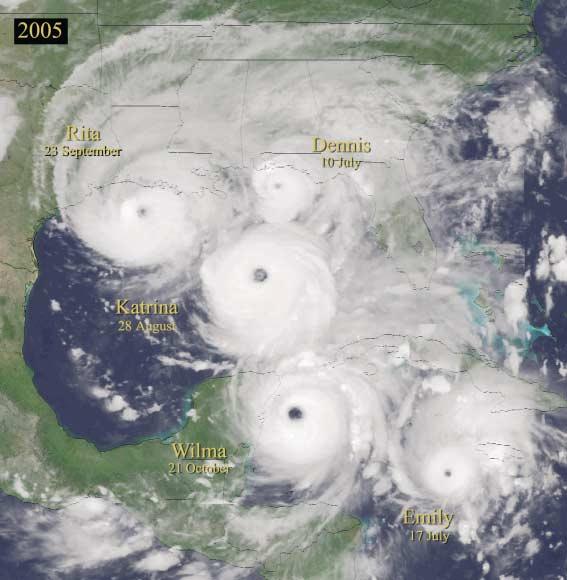 Atlantic and US hurricane seasons 246 Fig. 2 Composite satellite image of intense hurricanes Dennis, Emily, Katrina, Rita and Wilma in 2005.
