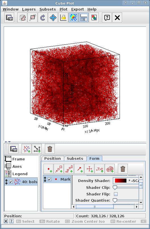 3 3D DISTRIBUTION OF DARK MATTER OBJECTS 2. View the result In Topcat s main window, choose Graphics Plane Plot. This opens a new window.