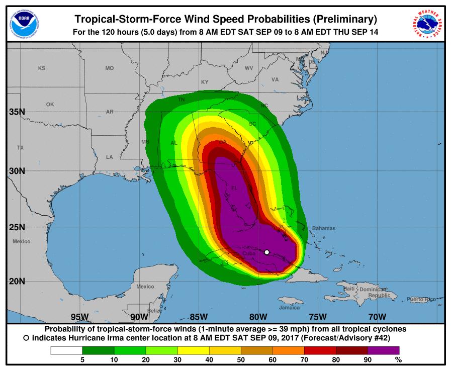 Wind Speed Probabilities Probabilities of Tropical Storm Force Winds are still increasing for the state.
