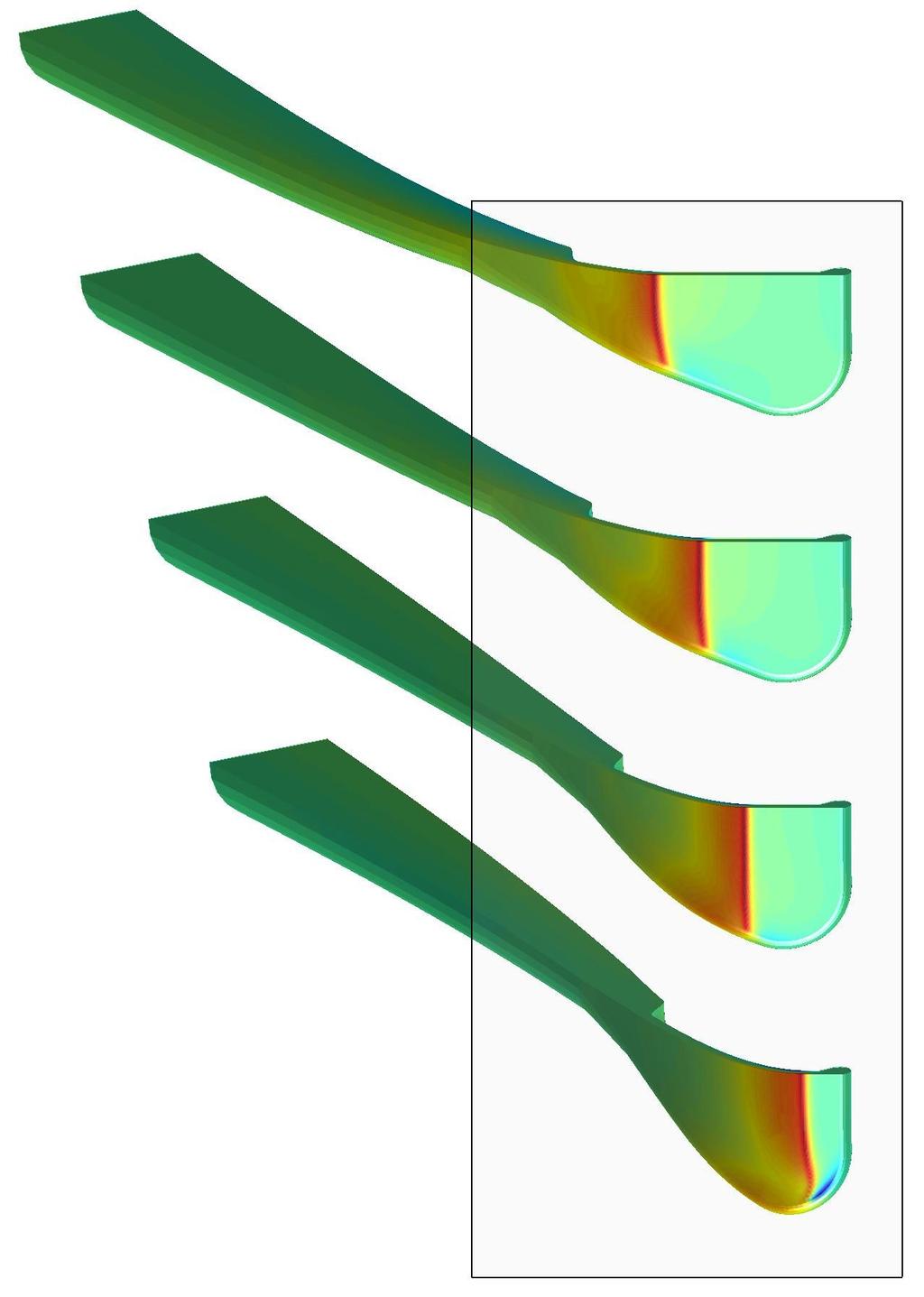 Figure 7: Spatula deformation for an applied vertical pull-off displacement u z considering a fixed shaft inclination of θ y = 60. The colorscale shows I 1 = tr σ normalized by E.