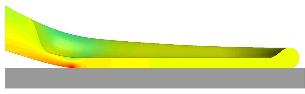 The bottom row shows the bottom view of the pad. The area enclosed by the peeling front is fully in contact. The truncated colorscale shows I 1 /E, which lies between -0.415 and 0.294.