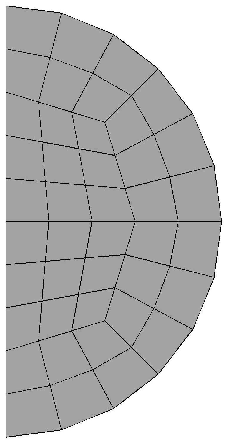 Figure 3: Finite element discretization of the spatula end face using the fine mesh of Tab. 3 (left); FE discretization of the four spatula parts using the coarse mesh of Tab. 3 (right).