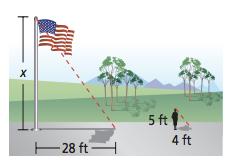 How tall is the `lagpole if it casts a 28 foot shadow? What is the height of the tree?