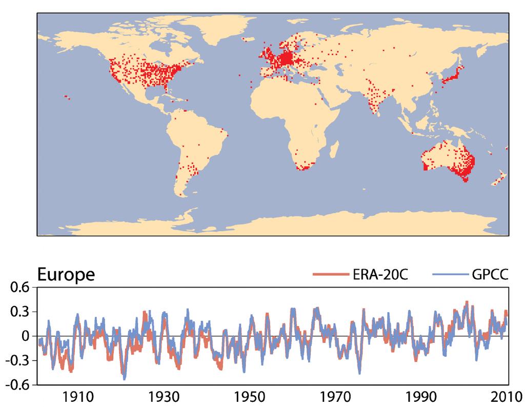 Production of consistent long term climate records GPCC precipitation gridded dataset 1 x1 grid resolution Independent Precipitation anomaly averaged over Europe in