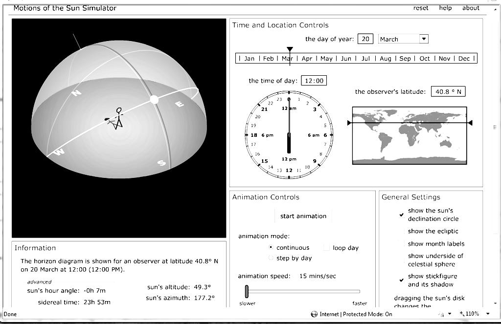 2a. Note in the screen shot below (look on the left-hand side below the sun simulator) that the sun s altitude is shown at 49.3º and the sun s azimuth (177.2º) is almost due south (due south is 180º).