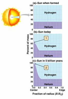 Hydrogen Helium Fusion in the core turns hydrogen into helium Originally hydrogen and helium evenly spread through