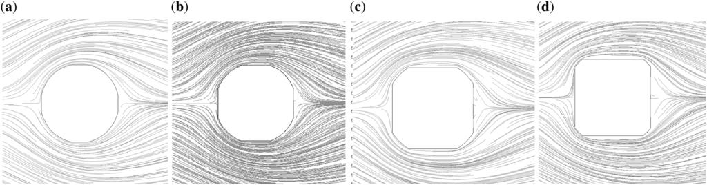 A numerical study on effect of corner radius and Reynolds number 1163 Figure 10. Streamline contour at Re = 5 for (a) r = 0.51, (b) r = 0.54, (c) r = 0.59 and (d) r = 0.64. Figure 11.