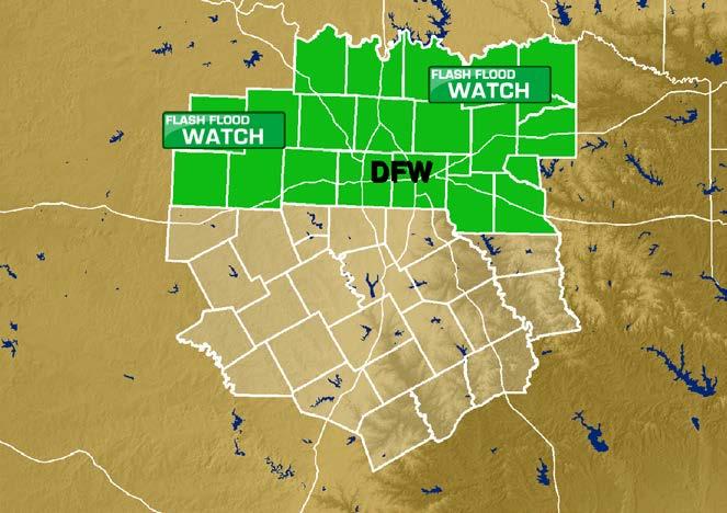 Flash Flood Watch Current or forecast hydrometeorological conditions are favorable for heavy rain & flash flooding in the watch area Avg size 46,000 km 2 (18,000 mi 2 ) Issued ~