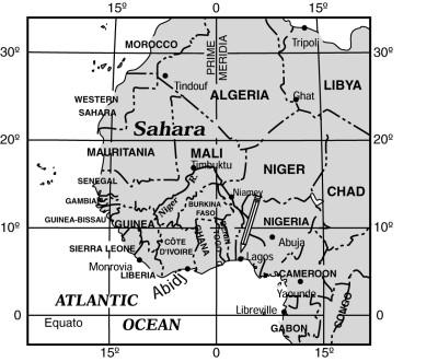 Use the map of Western Africa to answer questions 17-19. 17) The Prime Meridian goes through which country: A. Niger B. Algeria C. Chad D.