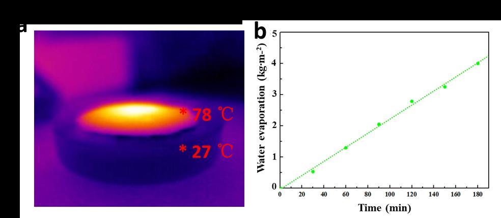 Figure S7. (a) Infrared (IR) image (obtained by IR camera) of hydrophobic Fe 3 Si aerogel/melamine foam in solar-vapor desalination unit after 5 minutes of 1.