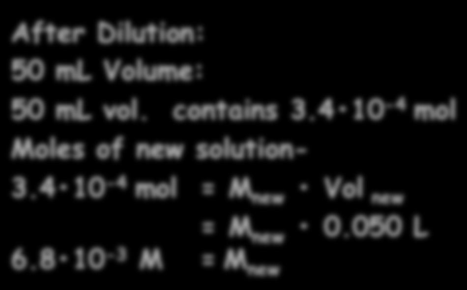 4 10-2 M HNO 3 C 1 V 1 = C 2 V 2 Before Dilution: 10 ml Aliquot: 10ml of 3.4 10-2 M Moles in aliquot- Moles = 3.4 10-2 mol 0.