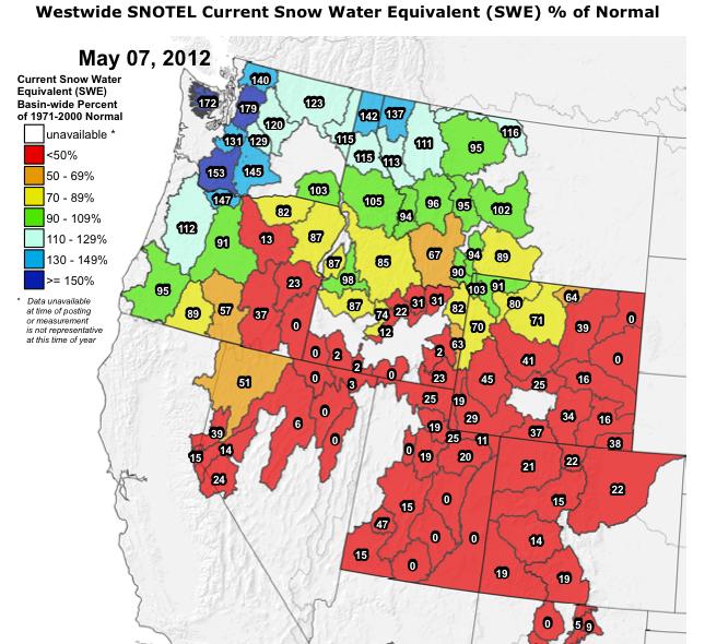 Fig. 3: SNOTEL WYTD precipitafon percenfles (50% is median, 21 30% is Drought Monitor D0 category). Fig. 4: Basin snow water equivalent (SWE) as a percent of average.