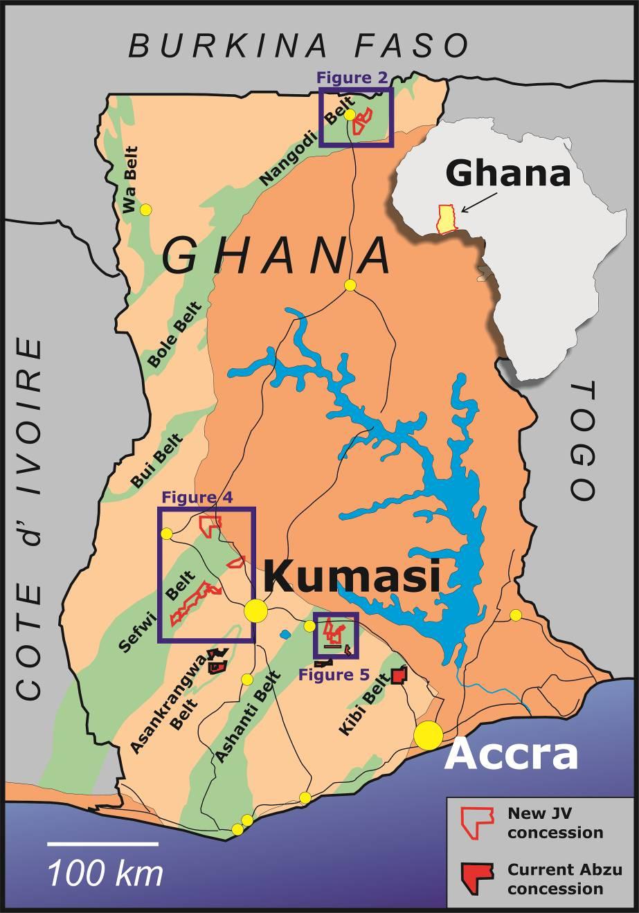 Figure 1. Location of Red Back JV properties and current Abzu concessions in Ghana. nature and is not 43-101 compliant.