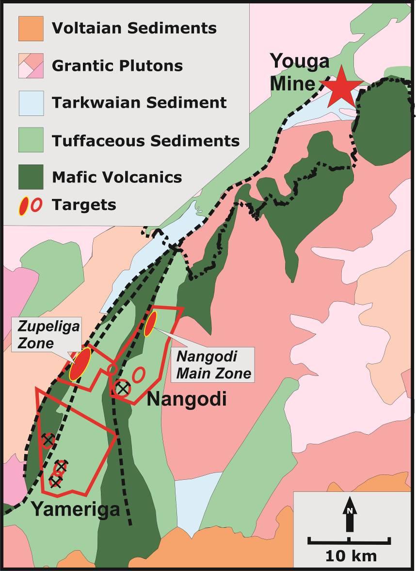 Figure 2. Location map showing Nangodi and Yameriga concessions. The Youga Mine in Burkina Faso lies along strike within the belt.
