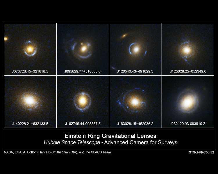 An assortment of Einstein rings photographed by the Hubble Space Telescope in 2005.