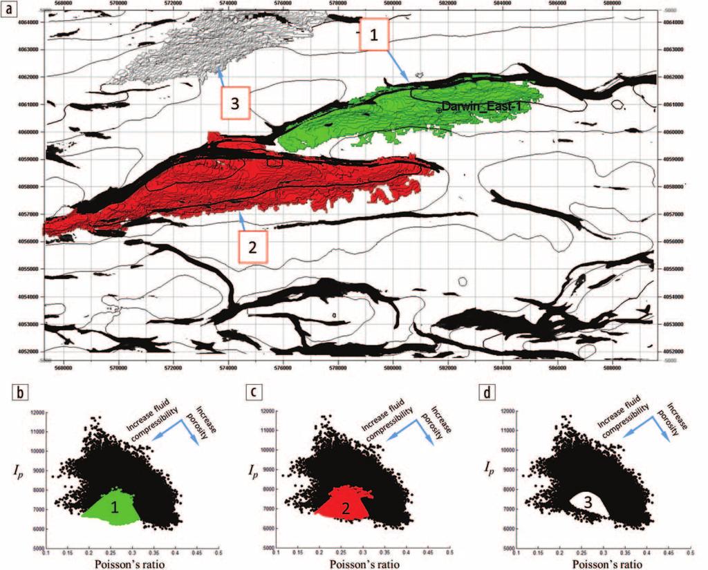 Figure 12. (a) The top three biggest geobodies related to the area with the best petrophysical characteristic (low S w and high total porosity).