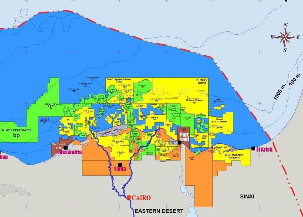 EGAS Ministry of Petroleum About The Block Location: N. Thekah offshore block is located at about 56 km to the north of the Mediterranean shore line, 85 km to the north west of El Arish city.