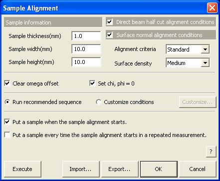 1.1 Setting conditions 1. How to set Part conditions In this chapter, how to set the Sample Alignment Part conditions is described. 1.1 Setting conditions Set the basic conditions in the Sample Alignment dialog box.