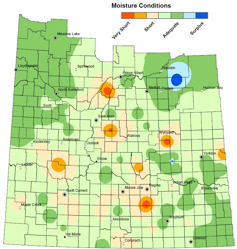 Conditions are still particularly dry south of Regina, south west of Prince Albert and a small area southeast of Wynyard.