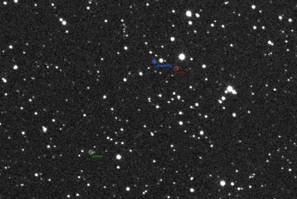 Fig 8: MoFr21 Cyg = 3UCAC 286-155544 (var) in the field of V1047 Cyg. (comp) is the comparison star and (check#1) is the check star. North is left and East is down.