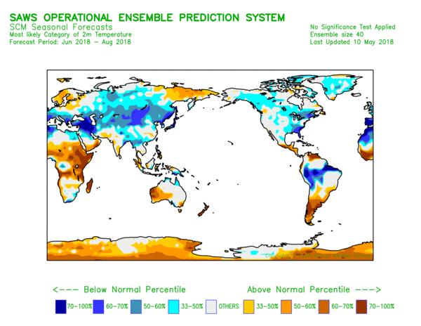 Figure 2: June-July-August global prediction for average temperature probabilities. It is worth mentioning that the SCM levels of skill for the Nino 3.