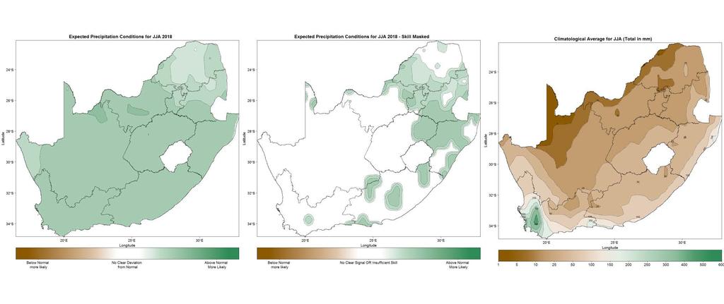 Figure 4: June-July-August (JJA) 2018 seasonal precipitation prediction without skill taken into account (left), as well as