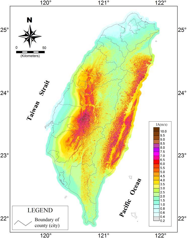, 22) to perform a PSHA and got a 475-year Arial intensity map for Taiwan (left).