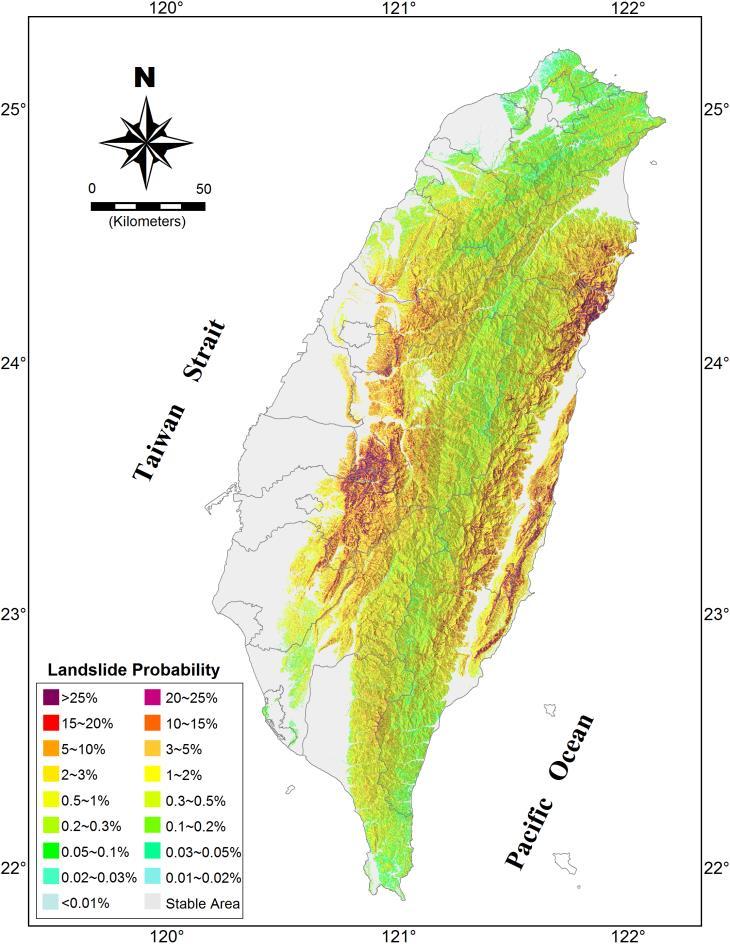 Seismic Landslide Harzard Map of Taiwan % probability of Exceedance In 5 years 2% probability of