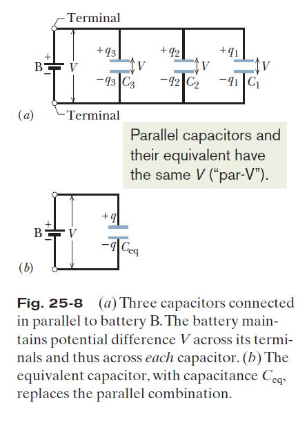 25.4: Capacitors in Parallel and in Series: When a potential difference V is applied across several capacitors