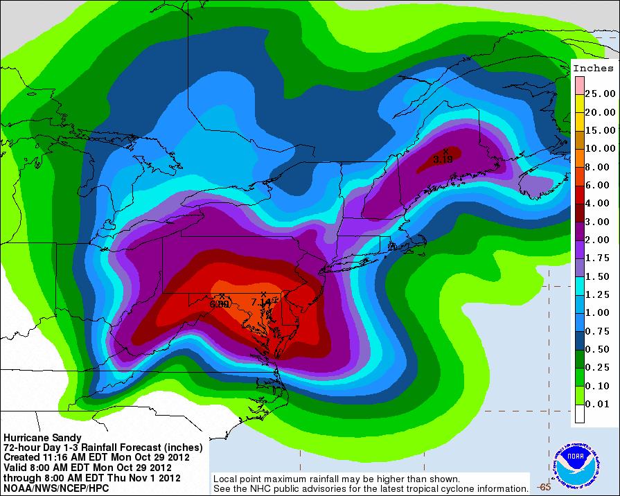Inland flooding threat Map on the left is forecast total rainfall over next 3 days.
